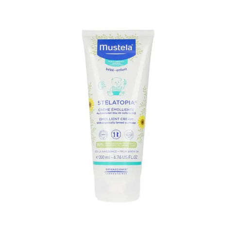 Mustela Stelatopia Emollient Cream 200ml, a soothing skincare product for sensitive skin, with a tub of the cream visible.