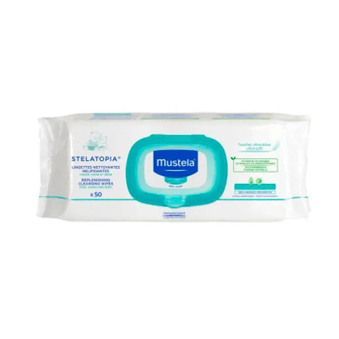 Mustela Stelatopia Replenishing Cleansing Wipes, 50 count, with gentle formula for sensitive skin, displayed in the image.