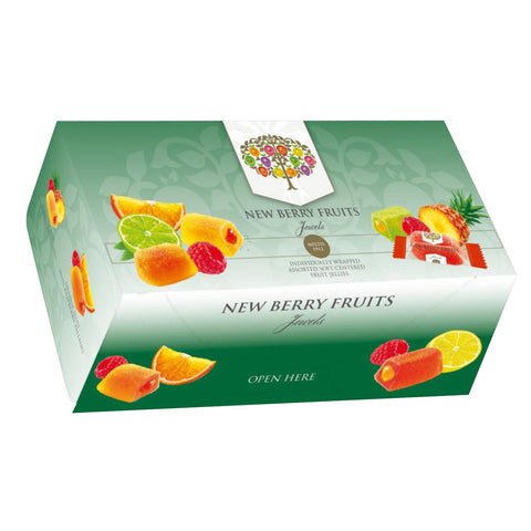 Assorted berry fruits jewel candies in a carton, featuring vibrant colorful fruit-shaped sweets from Jag Couture London - New York.