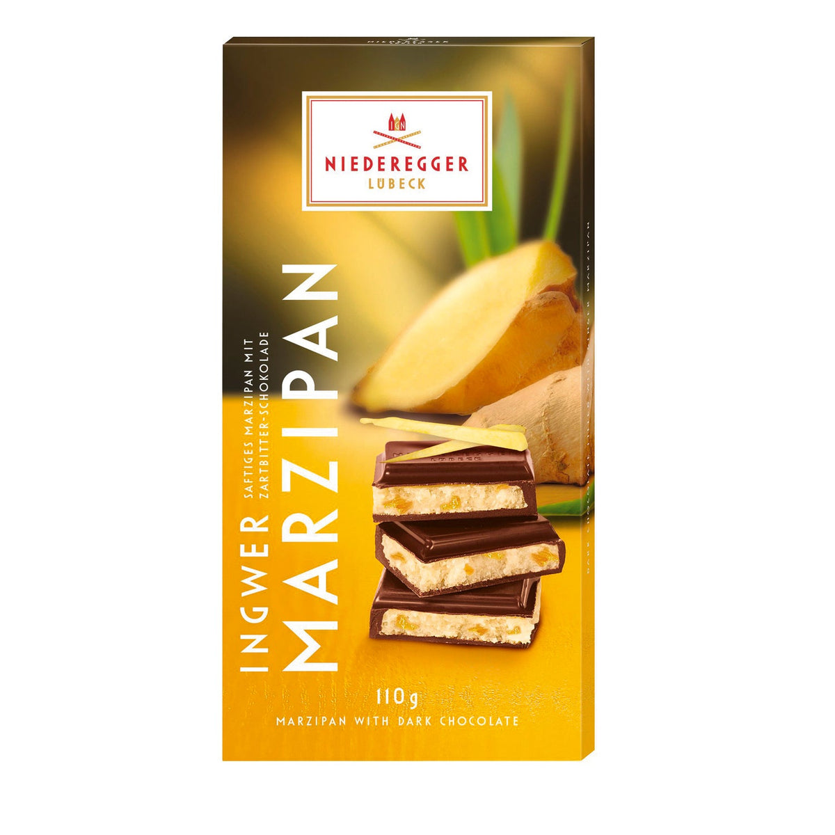 Dark chocolate covered ginger flavoured marzipan bar