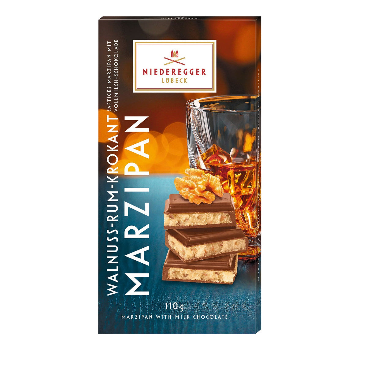 Milk chocolate covered walnut & rum croquant flavoured marzipan bar