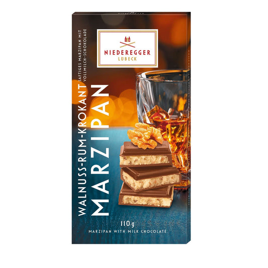Milk chocolate covered walnut & rum croquant flavoured marzipan bar