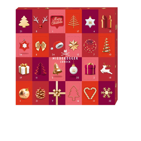 Mini Glamour advent filled with assorted marzipan specialties by Jag Couture London New York, featuring colorful marzipan treats in a festive box.