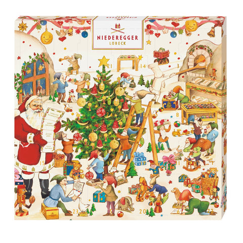 Mini elves workshop advent calendar by Jag Couture London featuring marzipan sweets and festive holiday treats.