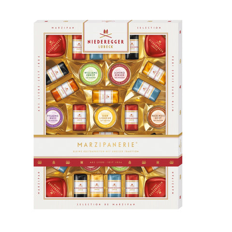 Assorted marzipan treats from Marzipanerie by Jag Couture London New York, featuring colorful, handcrafted almond confections.