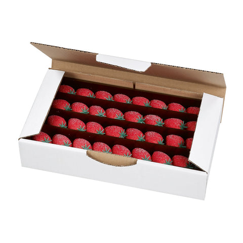 De Luxe Marzipan strawberries by Jag Couture London in a decorative box, showcasing realistic, handcrafted marzipan fruit.
