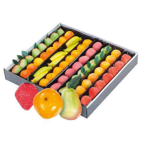 Assorted handmade 25g marzipan fruits from Jag Couture London New York, colorful and detailed confectionery treats.