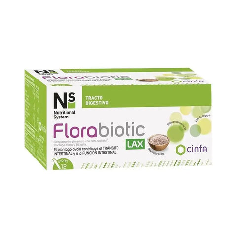 N+s N S Florabiotic Lax probiotic supplement in 12 sachets by Jag Couture London New York, showing the product packaging.