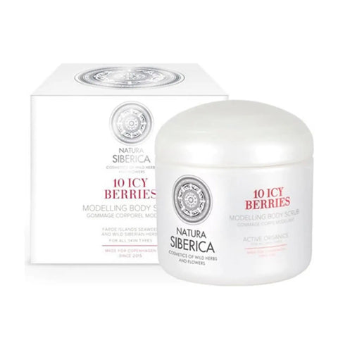 Natura Siberica 10 icy berries exfoliating body scrub in a 370ml jar, featuring fresh berries and natural ingredients.