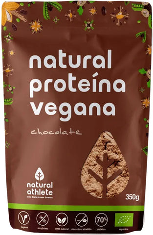 Natural Athlete vegan chocolate protein powder in 350g bio packaging by Jag Couture London New York.