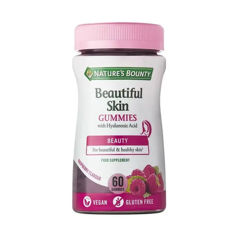 Nature's Bounty Beautiful Skin 60 gummies shown in a clear container, highlighting healthy skin support by Jag Couture London New York