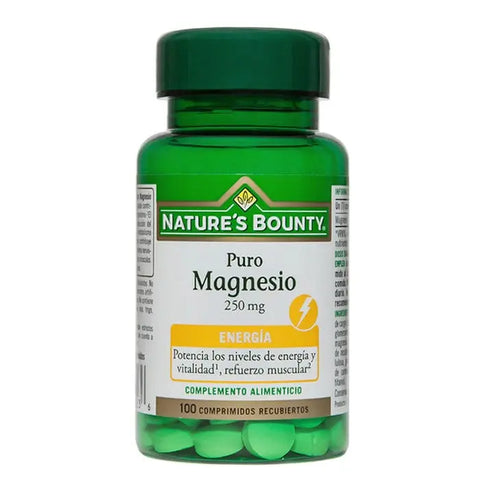 Nature's Bounty Magnesium 250mg supplement in a bottle of 100 tablets, shown with the label and packaging details.