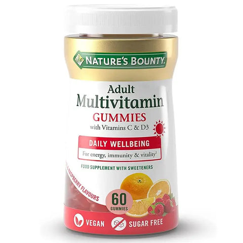 Nature's Bounty adult multivitamin gummies in a bottle, featuring 60 colorful fruit-flavored vitamins for daily health support