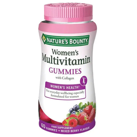 Nature's Bounty women's multivitamin collagen gummies in a clear bottle with 60 gummies, featuring colorful fruit shapes and branding.