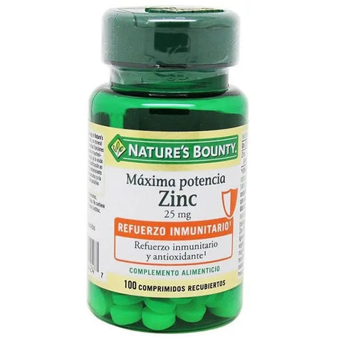 Nature's Bounty Zinc Maximum Strength 25mg 100 tablets supplement, shown in a clear bottle with label details.
