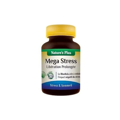 Bottle of Nature's Plus Mega Stress 30 tablets, dietary supplement by Jag Couture London New York, with label and tablets visible.