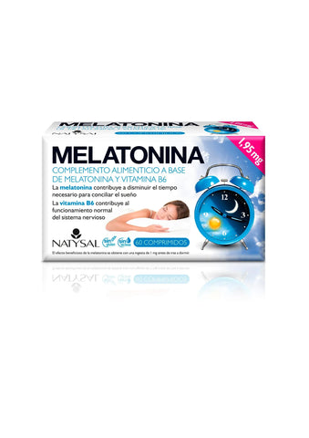 Jar of Natysal Melatonina 60 chewable tablets by Jag Couture London New York, featuring colorful chewable tablets for sleep aid.
