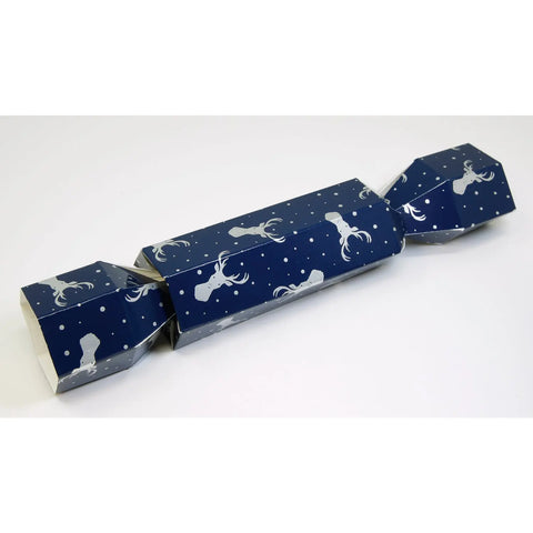 Navy cracker box with silver stag design, 10x4 cm barrel, by Jag Couture London New York, featuring festive holiday packaging.