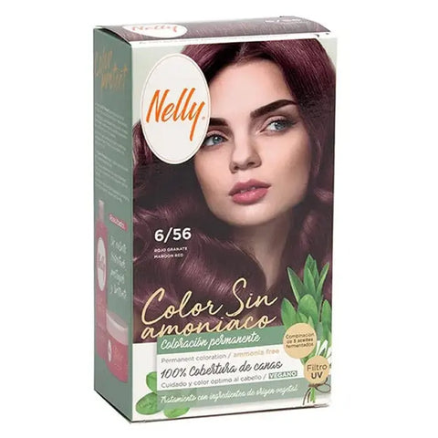 Nelly Color Sin Amoniaco 6.56 Maroon Red hair dye from Jag Couture London New York, showing vibrant maroon-red color in a bottle.