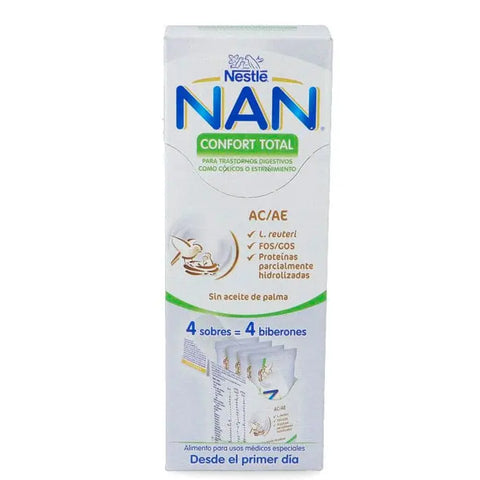 Nestlé Nan Confort Total infant formula 4 packs of 26.2g, displayed in a product image with packaging and branding.