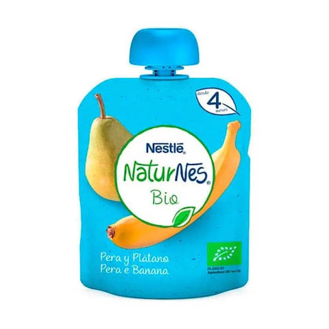 Nestlé Naturnes Bio pear banana baby food in a 90g bag, featuring natural fruit blend from Jag Couture London New York.