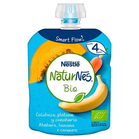 Nestlé Naturnes Bio pumpkin, banana, and carrot sachets, 90g, featuring colorful fruit and vegetable images on the packaging.