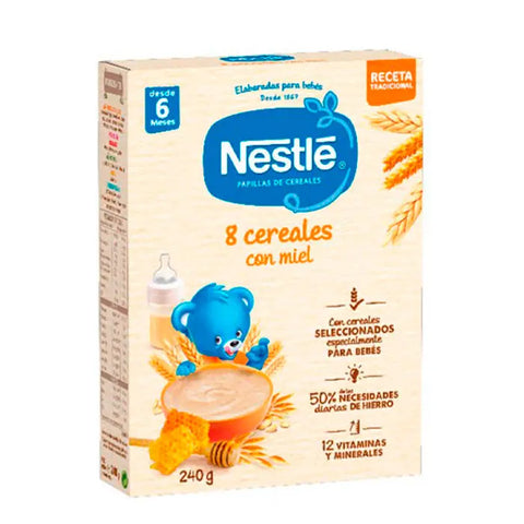 Nestlé Porridge with 8 Cereals and Honey in 240g pack, featuring a bowl of cereal with honey drizzled on top.