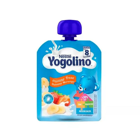 Nestlé Yogolino banana strawberry flavored snack in 90g pack from Jag Couture London New York, with banana and strawberry images.