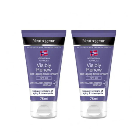 Neutrogena anti-aging hand cream with SPF 20, double 75ml tube, featuring smooth, moisturized hands in a natural setting.