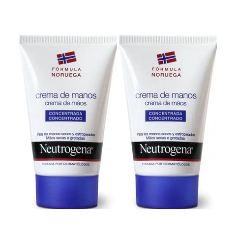 Neutrogena Double Hand Cream Concentrated 2x50ml set in white tubes, with branding and product details visible.
