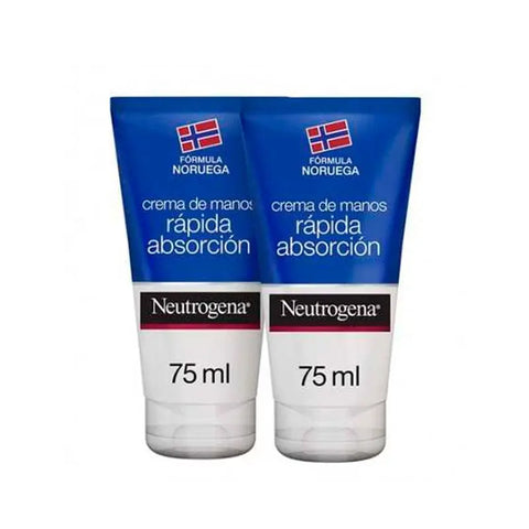 Neutrogena Double Hand Cream, fast absorption, 2x75ml bottles, with moisturizing formula, shown in a sleek tube design.