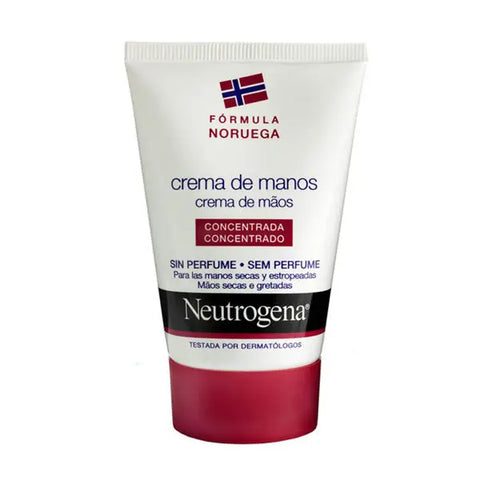 Neutrogena fragrance-free hand cream in 50ml tube, from Jag Couture London, featuring smooth, nourishing formula for dry hands.