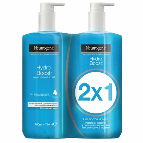 Neutrogena Hydro Boost Body Lotion Gel 2x750ml bottles, hydrating skincare with a lightweight gel texture, by Jag Couture London New York