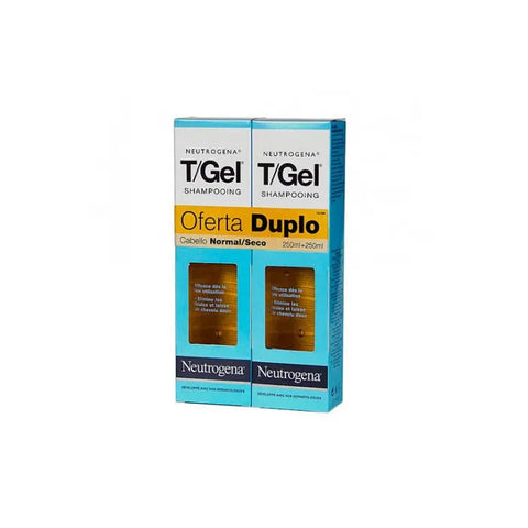 Neutrogena T/Gel Anti-Dandruff Shampoo for Normal to Dry Scalp, 2 x 250ml bottles, displayed in a retail setting.