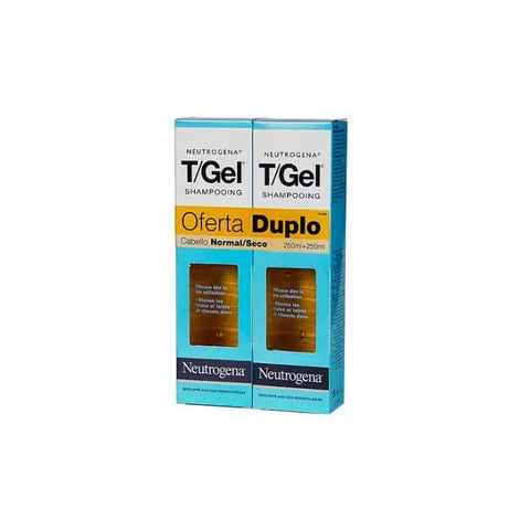 Neutrogena T/Gel anti-dandruff shampoo for normal to dry scalp, 2 x 250ml bottles, shown with label and product packaging