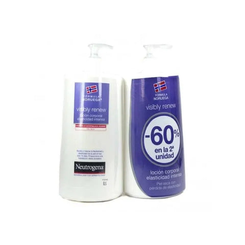 Neutrogena Visibly Renew Lotion for intense skin elasticity, shown in two 750ml bottles with a sleek design.