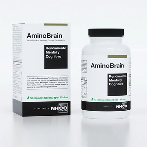 Nhco-AminoBrain supplement bottle with 50 capsules for mental and cognitive performance, branded by Jag Couture London New York