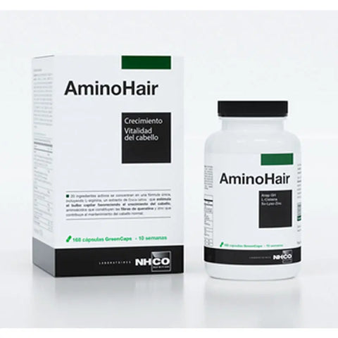 Nhco AminoHair hair growth and vitality capsules by Jag Couture London New York, 168 capsules in a clear bottle.