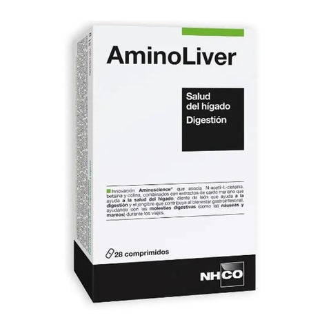 Box of Nhco Aminoliver 28 tablets by Jag Couture London New York, showing the packaging and tablets inside.