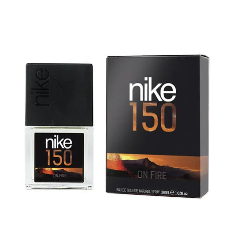 Nike 150 On Fire Eau De Toilette spray 30ml bottle with sleek design, featuring the Nike logo and vibrant fire-themed graphics.