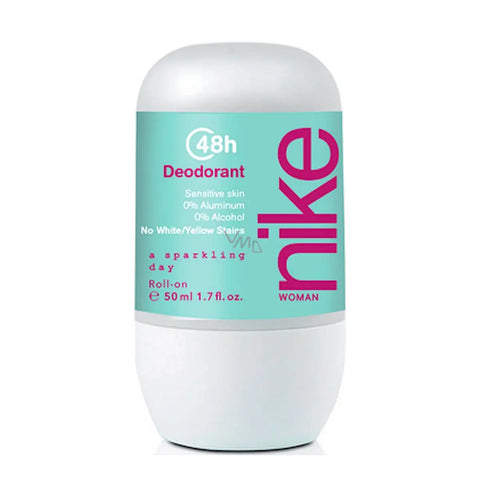 Nike A Sparkling Day woman deodorant roll-on in 50ml bottle, featuring a sleek design and fresh scent.