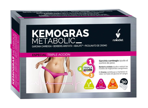 Novadiet Kemogras Metabolic 30 veggie capsules, dietary supplement, with natural ingredients, in a clear bottle.