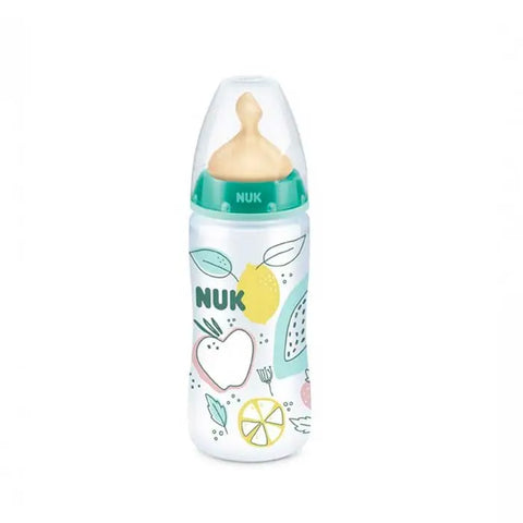 Nuk baby bottle FC PP 300cc for 1-month-old infants, featuring a clear plastic design with a removable nipple and measurement markings.
