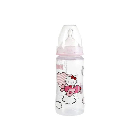 Nuk Hello Kitty baby bottle with 300ml capacity, featuring colorful Hello Kitty design, suitable for ages 6-18 months.