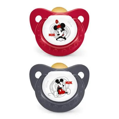 Disney Mickey Nuk baby pacifier with latex nipple, size 1, featuring cartoon Mickey Mouse in a natural, anatomical design.