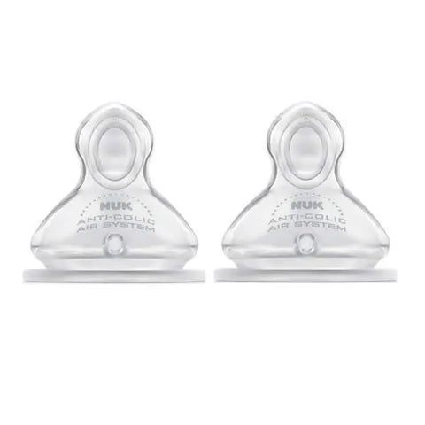Two Nuk First Choice Size 2 silicone baby bottle teats by Jag Couture London New York, shown in a close-up image.
