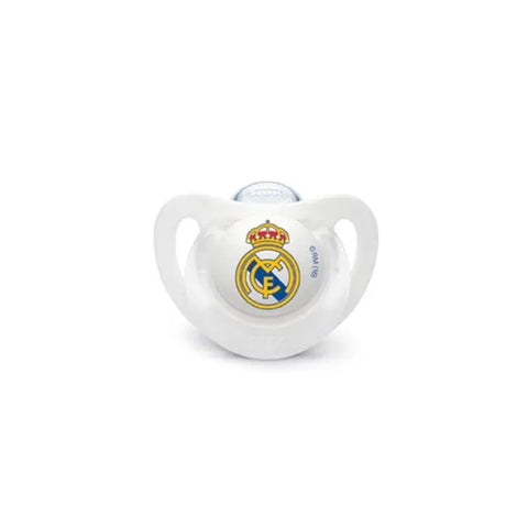 Nuk silicone pacifier with FC Real Madrid design for 18-36 months, featuring a soft teat and sports-themed details.