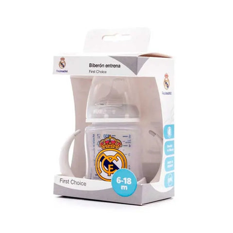 Nuk Real Madrid silicone baby bottle for 6-18 months, 150ml, with Real Madrid logo and colorful silicone design.