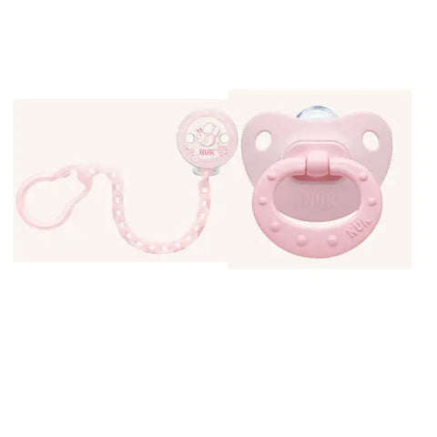 Nuk rose and blue silicone baby soother with chain for 6-18 months by Jag Couture London New York.