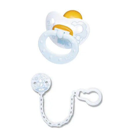 Nuk Rose & Blue Soothers T1 Latex for 0-6 months with soother band, designed for infants, by Jag Couture London New York.